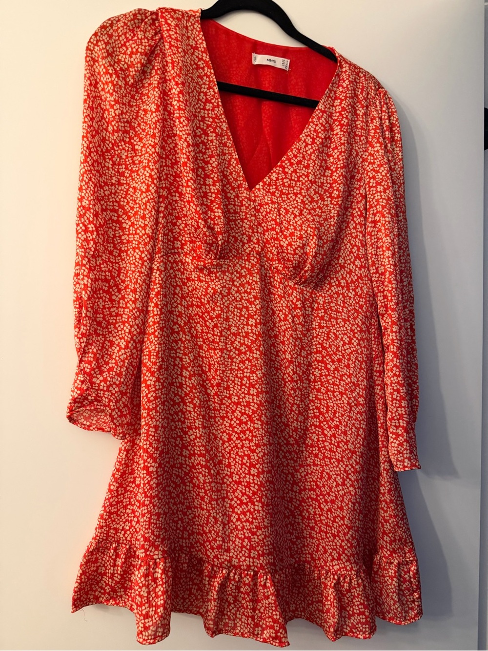 Mango Red and White Floral V-Neck Ruffle Mini Dress